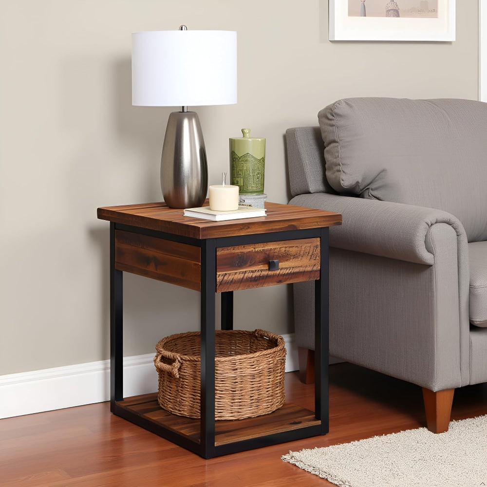 Claremont Rustic Solid Wood End Table with Drawer and Shelf – Farmhouse Accen...
