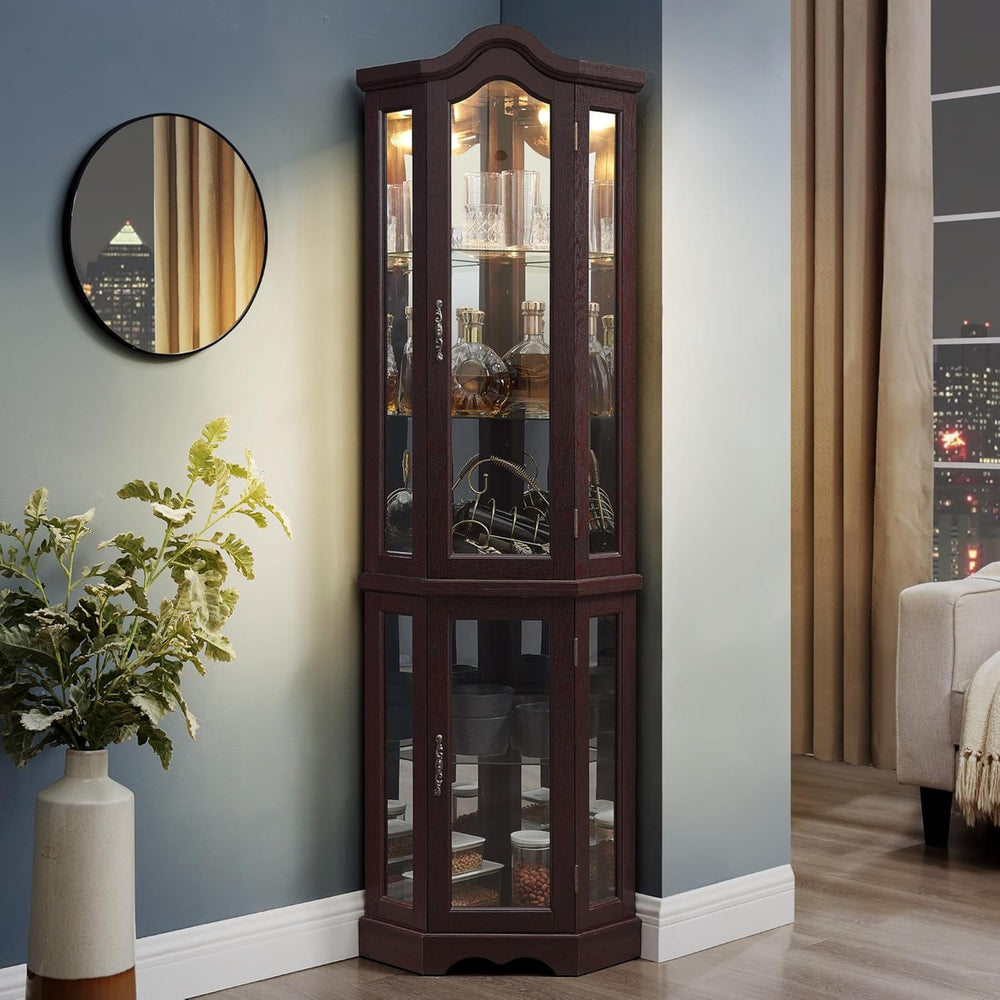 70" Lighted Corner Curio Cabinet,Inside Mirror Corner Glass Display Case...