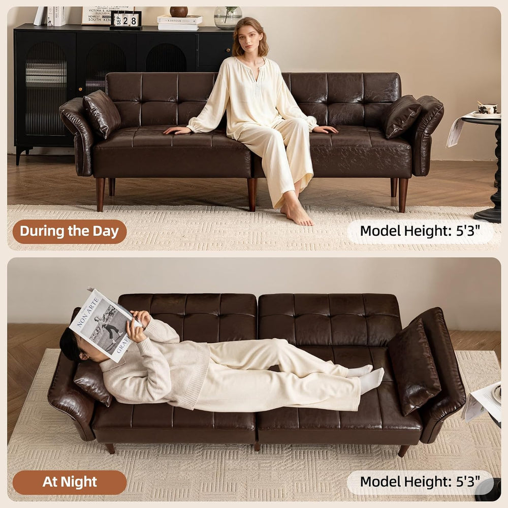 HALLYBEE 85" Futon Faux Leather Couch with Adjustable Armrests Coffee Br...