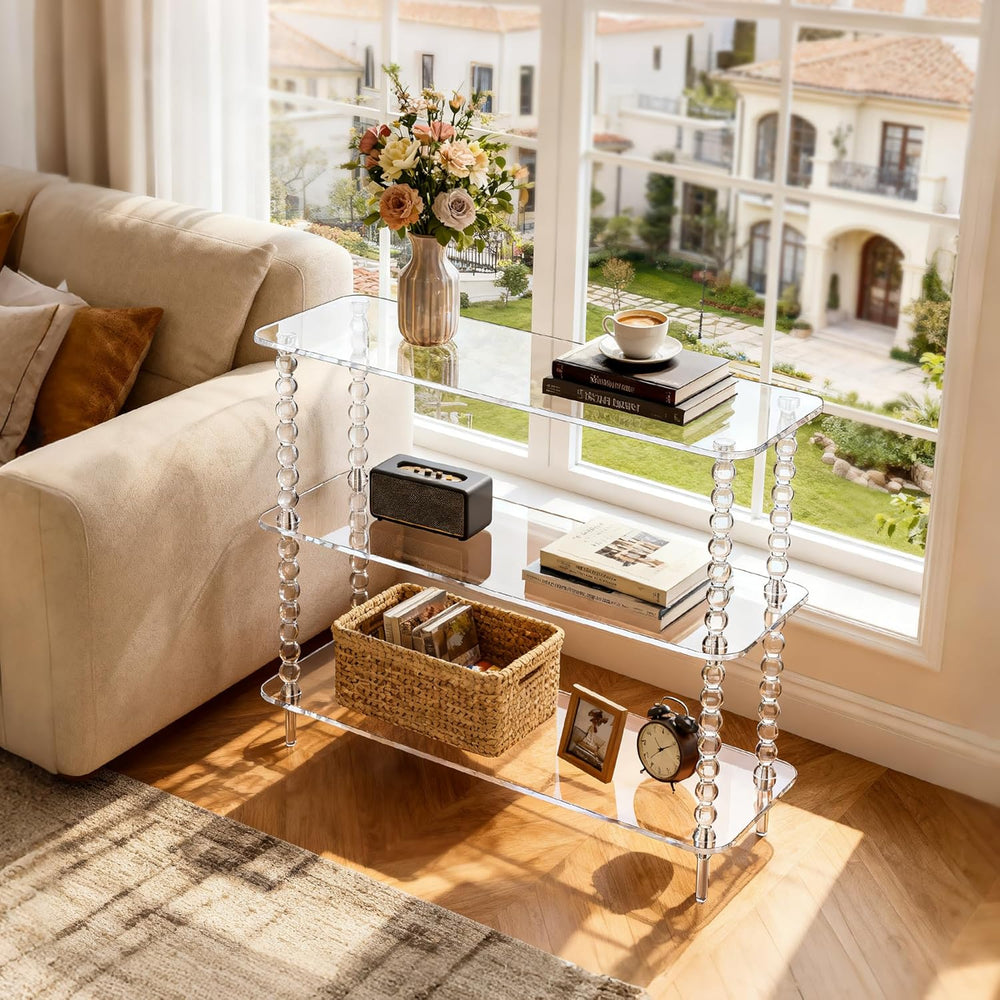 Acrylic Clear Console Table for Entryway, 3-Tier Sofa Table Bookshelf, Low Bo...
