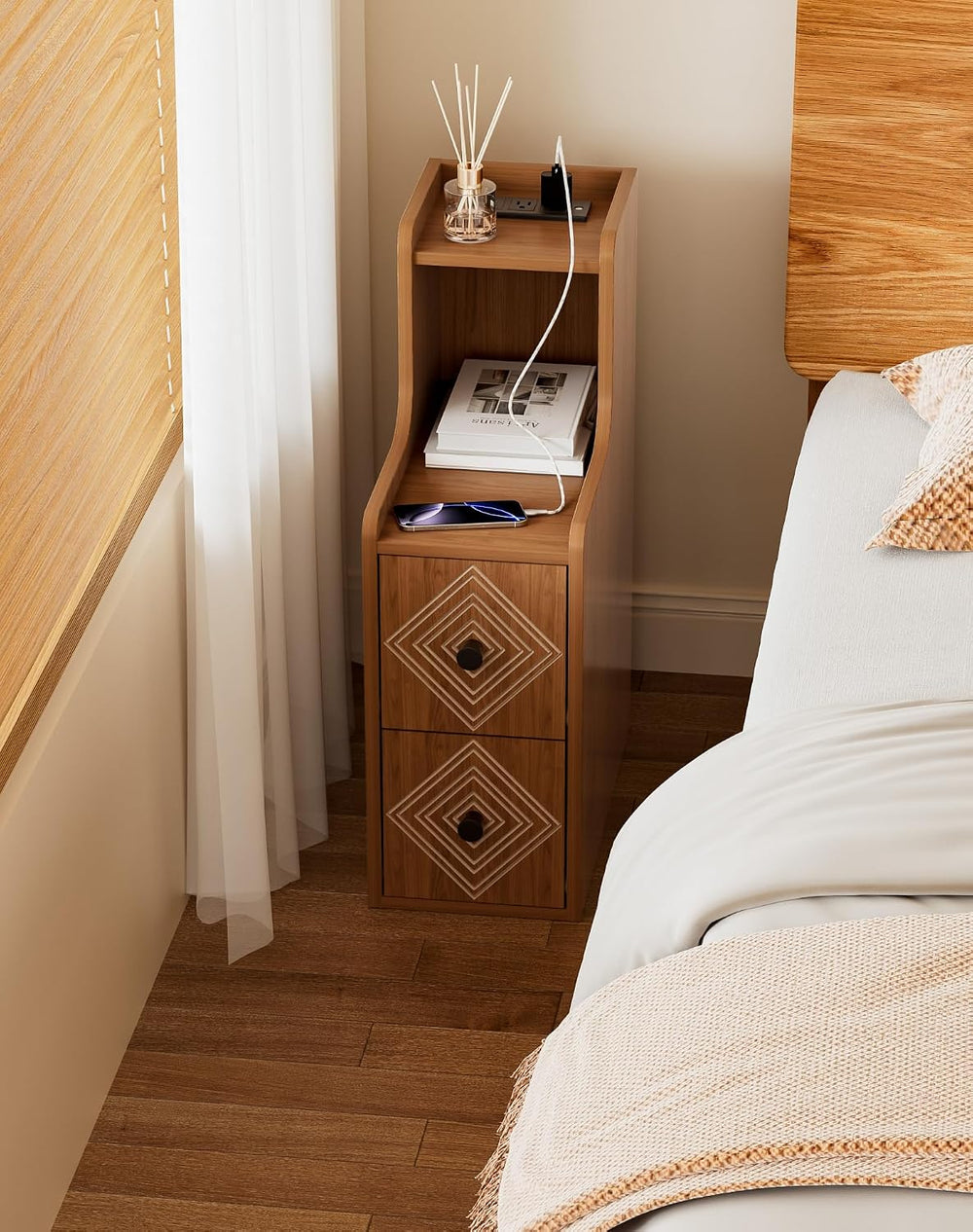 Narrow End Table Set of 2 with Charging Station, Walnut Skinny Bedside Tables...