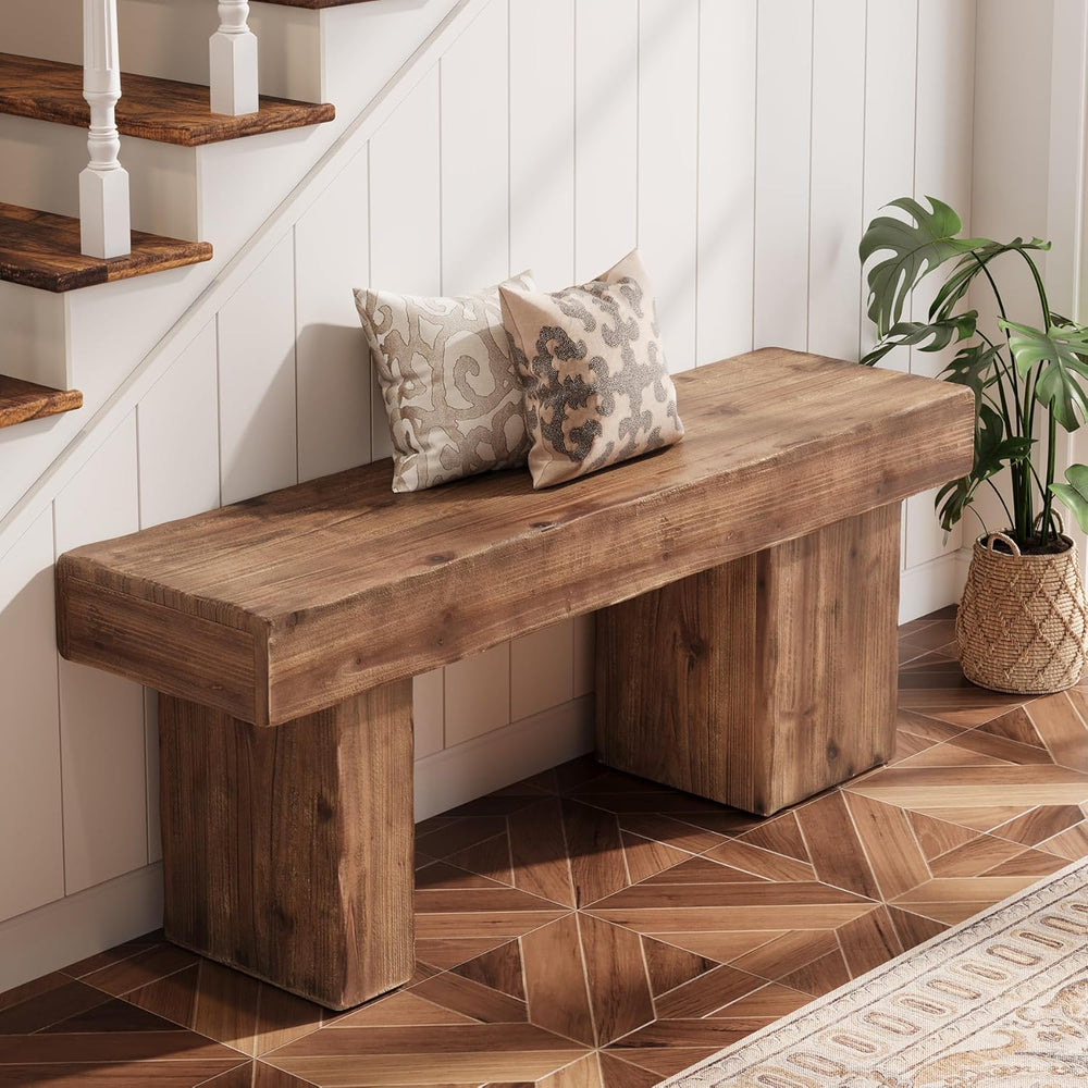 Solid Wood Bench, 47” Farmhouse Entryway Bench with Thickened Seat & Arti...