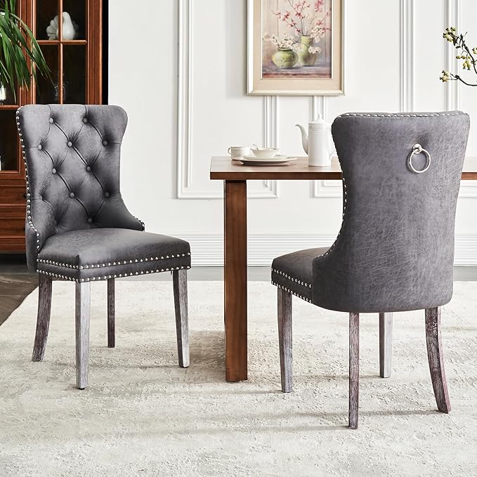 Leather Dining Chair Set of 2, Dining Room Chairs with Nailhead Ring Pull Tri...