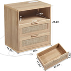 LEYAOYAO Rattan Nightstands Set of 2 with Charger Station, 23" Wide Boho Night Stand with 2 Drawers, Natural Wood Bedside Table Open Shlef, Bed Side End Table Dresser for Bedroom, Living Room Hallway