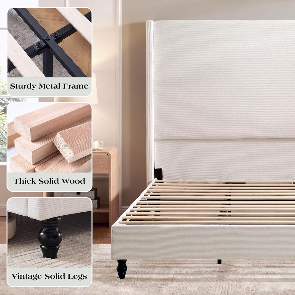 LUXOAK King Upholstered Bed Frame with 65" Headboard & Wingback, Cream