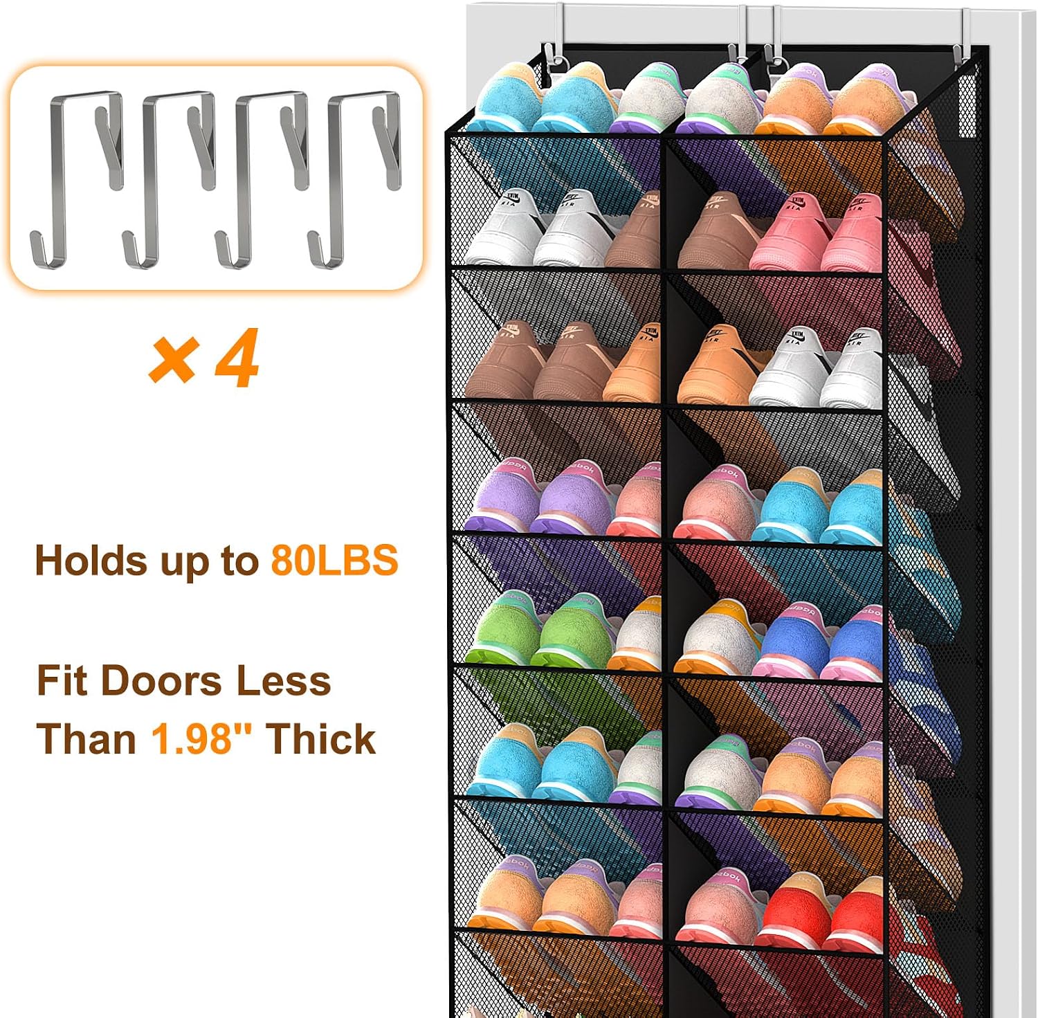 Over the Door Shoe Organizer for 20-30 Pairs, 10-Tier, Black