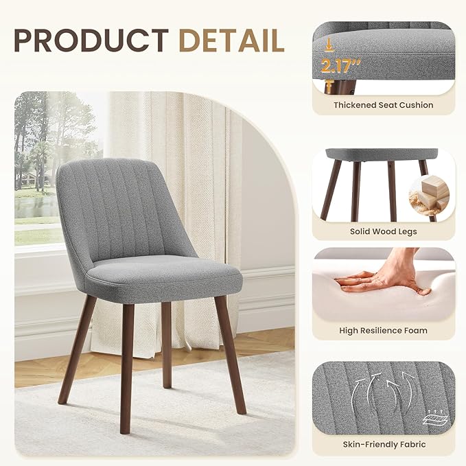 Upholstered Dining Chairs Set of 6, Modern Fabric Kitchen Chairs with Back, Wood Legs for Kitchen Dining Room Restaurant, Grey