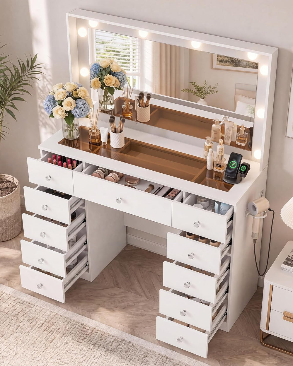 Otterease White Makeup Vanity with Mirror and Lights,11 Drawers & Glass T...