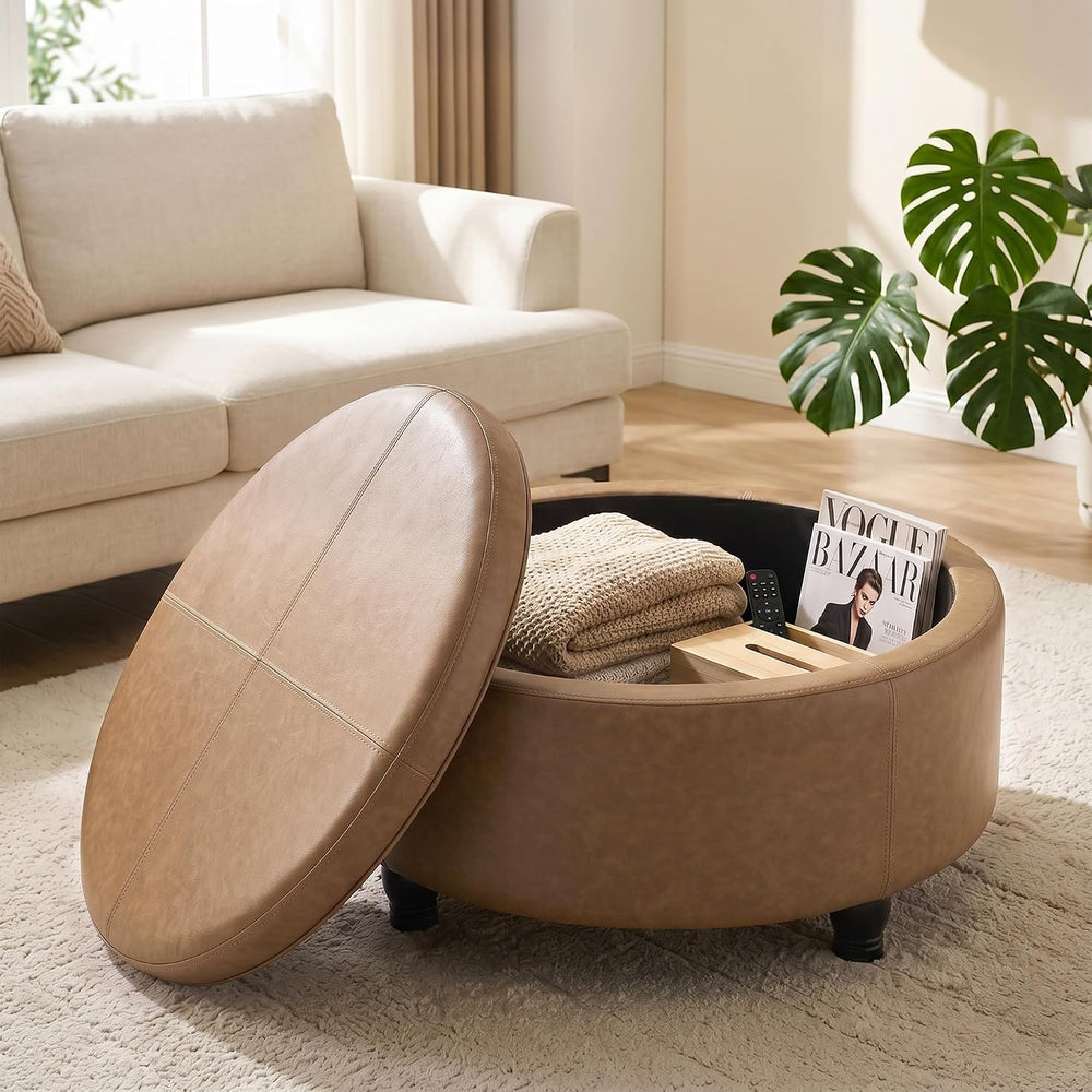 30-Inch Round Ottoman, Leather Ottoman with Storage (Light Brown | Modern Sto...