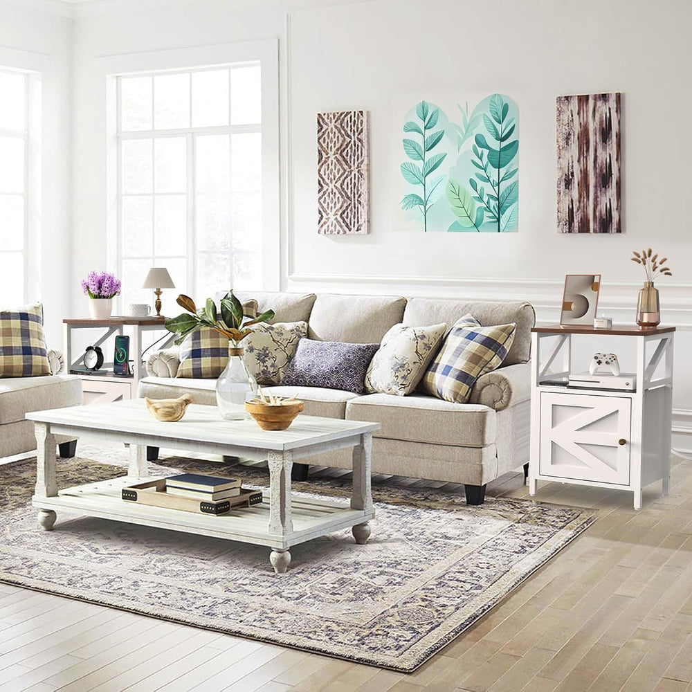 Farmhouse Side Table with Charging Station -3-Tier USB Ports & Outlets En...