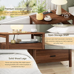 Night Stand with Charging Station, 24" Large Modern Side Table with Solid Round Post Legs, 2 Drawers Nightstand with Open Shelf, End Table/Bedside with Storage for Bedroom, Walnut