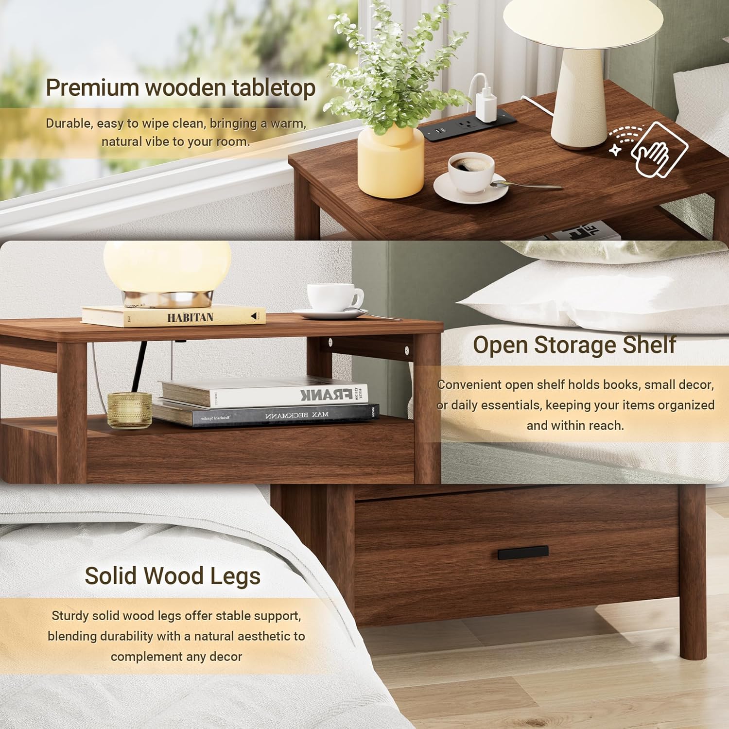 Night Stand with Charging Station, 24" Large Modern Side Table with Solid Round Post Legs, 2 Drawers Nightstand with Open Shelf, End Table/Bedside with Storage for Bedroom, Walnut