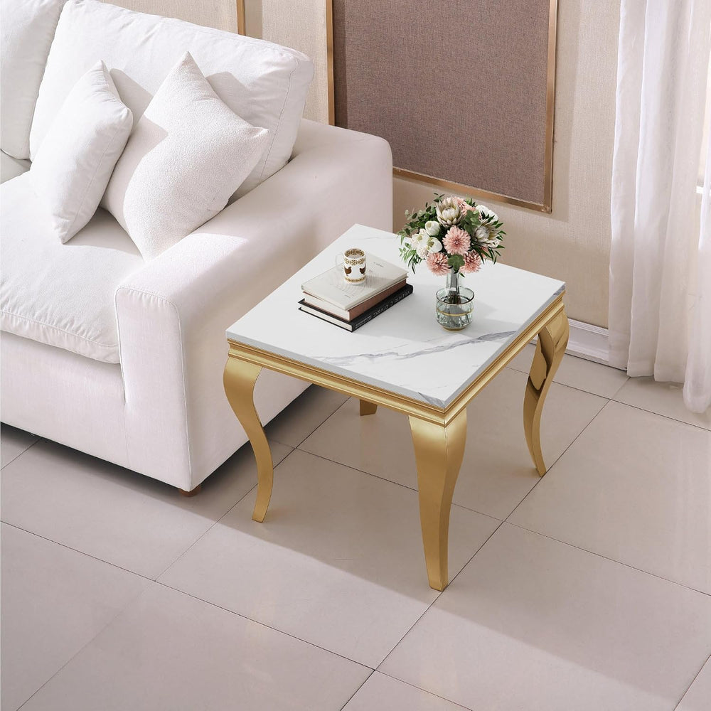 Luxury Marble Side Table, Square End Table with Faux Marble Tabletop & Go...