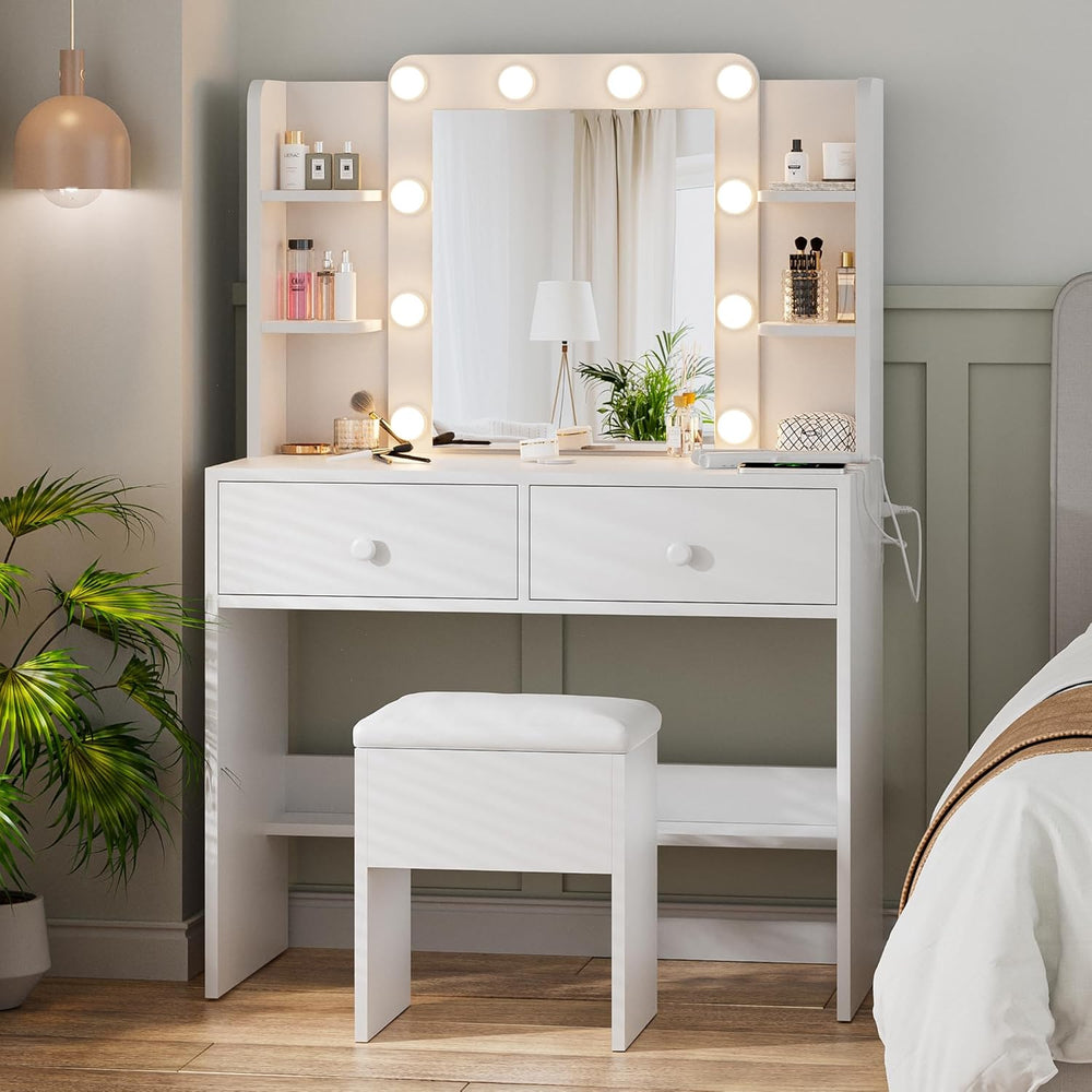 Haewon Makeup Vanity Desk with Lighted Mirror and Chair Set, White | 10 LED L...