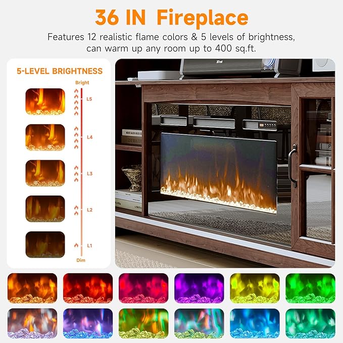 70" TV Stand with Electric Fireplace, Modern Entertainment Center for TVs Up to 80 Inches, Farmhouse Media Console with Storage Cabinets & Doors for Living Room, Brown and Black