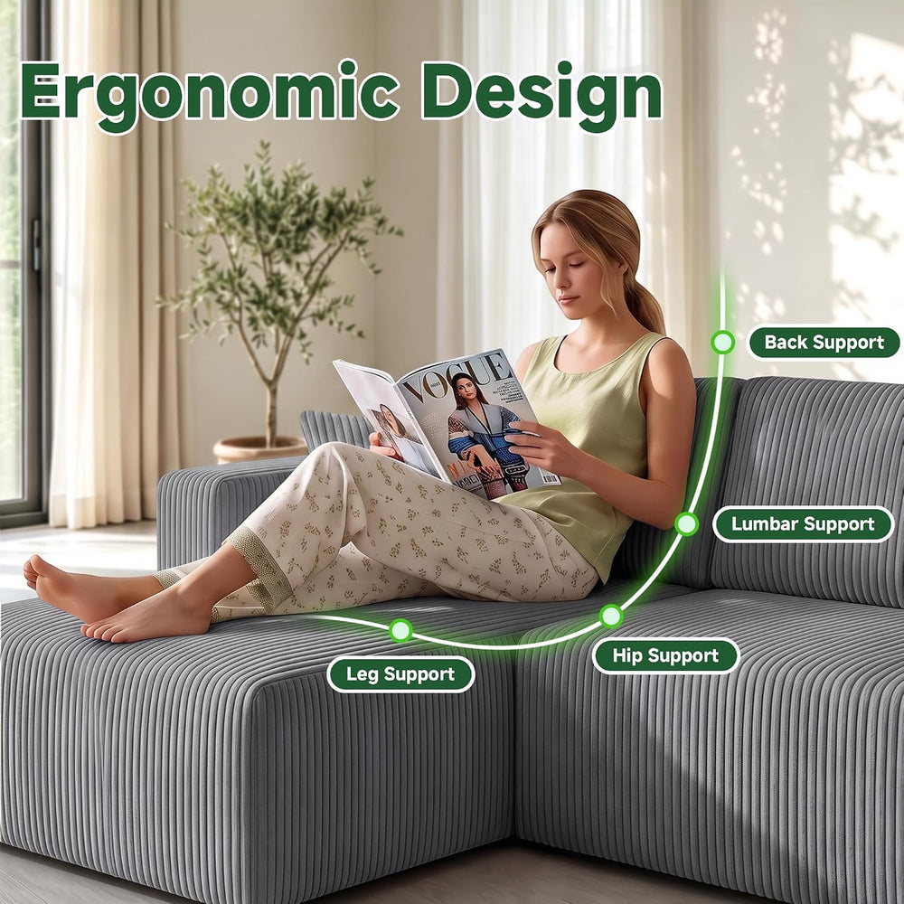 130" Couch U-Shaped Sectional Sofa, Grey | Corduroy Cloud Couch with Dou...
