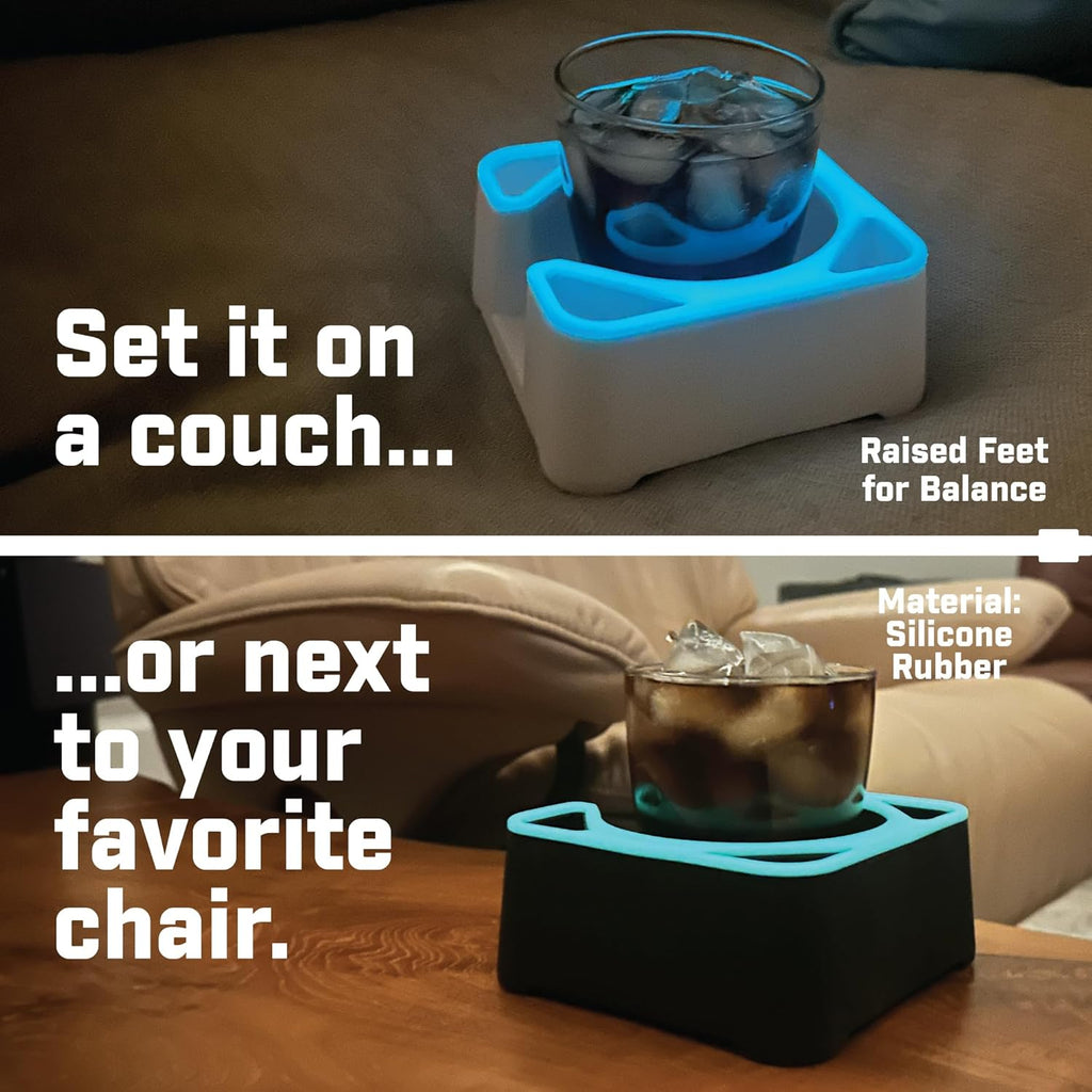 MugBrick Drink Holder for Couch, Bed, Car, Boat - Non-Spill Table and Desk Cup Holder, Tip Proof Spill Prevention Organizer, White + Blue Glow