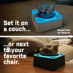 MugBrick Drink Holder for Couch, Bed, Car, Boat - Non-Spill Table and Desk Cup Holder, Tip Proof Spill Prevention Organizer, White + Blue Glow