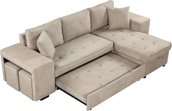 Ball & Cast 104" L-Shape Sectional Sofa with Storage Chaise and 2 Stools,Pull-Out Bed,3-Seat Chenille Reversible Couch w/Storage Armrest,for Living Room,Apartment,Cream
