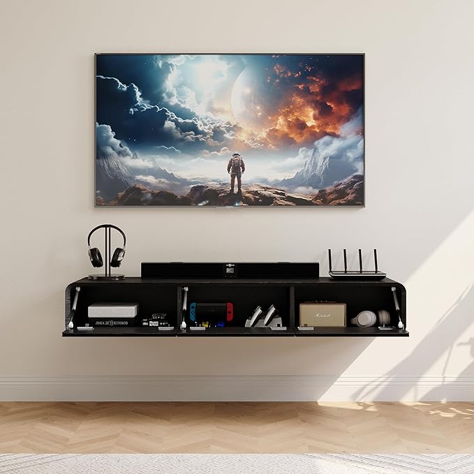 POVISON Fully-Assembled Minimalist Floating TV Stand, Modern Wall-Mounted Entertainment Center with 3 Flip-Down Cabinet Doors, Wood Media Console