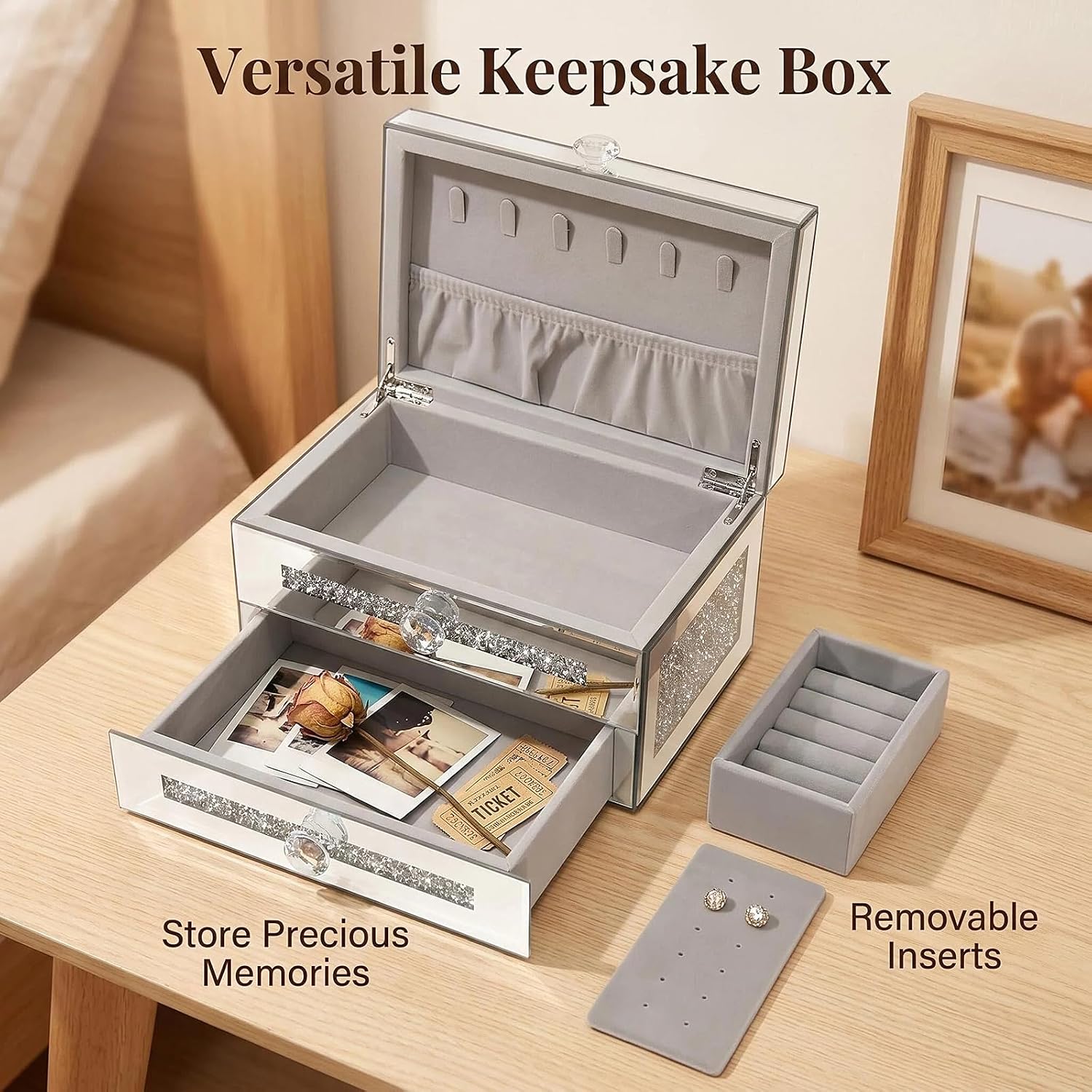 Mirrored Jewelry Box for Women,2-Layer Glass Jewelry Organizer with Lid & 1 Drawer, Silver Crushed Diamond Home Decor, Gift Idea for Her (9.3" L x 6.3" W x 5.1" H)