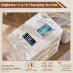 LEYAOYAO Rattan Night Stand Set of 2 with Charger Station, 23" Large 3 Drawer Boho Nightstand, Grey White Bedside Table Storage Cabinet, Bed Side End Tables for Bedroom, Living Room, Hallway
