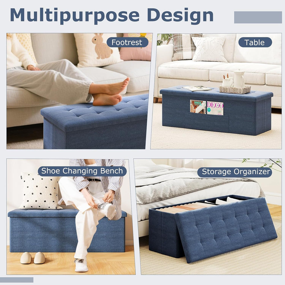 GOFLAME 43 Inches Folding Storage Ottoman Bench, Linen Fabric End of Bed Benc...