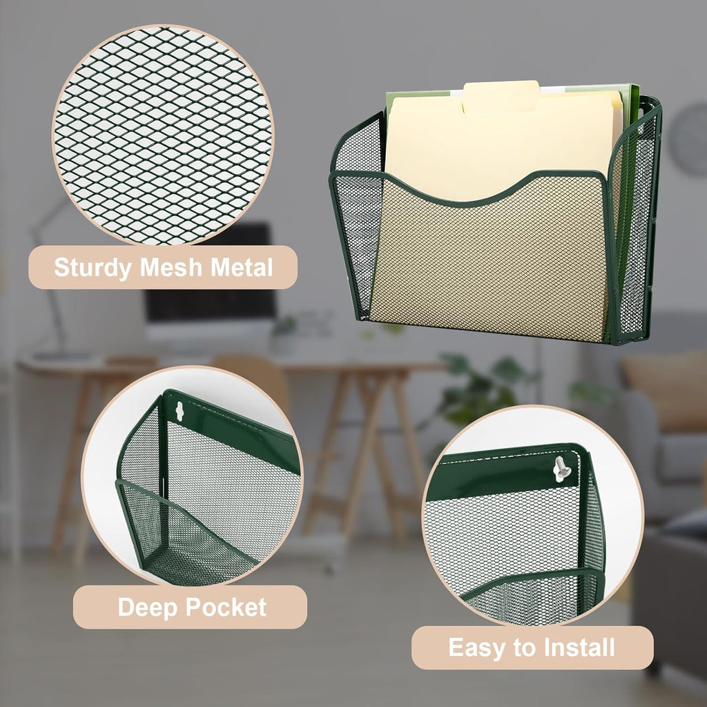 EASEPRES 3 Single Pocket Mesh Hanging File Organizer, Vertical Wall Mounted Magazine File Holder, Mount Basket Mail Paper Document Folder Organizing for Office, Home and School, Dark Green