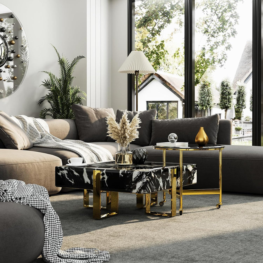 Black Square Coffee Table and Round End Table, Nesting Coffee Table Set of 2,...