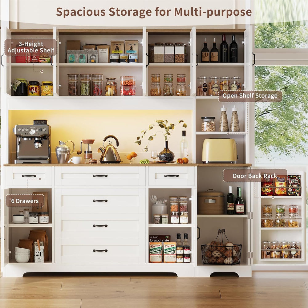 71" Farmhouse Pantry Cabinet with LED Lighting and Charging Station, Tal...