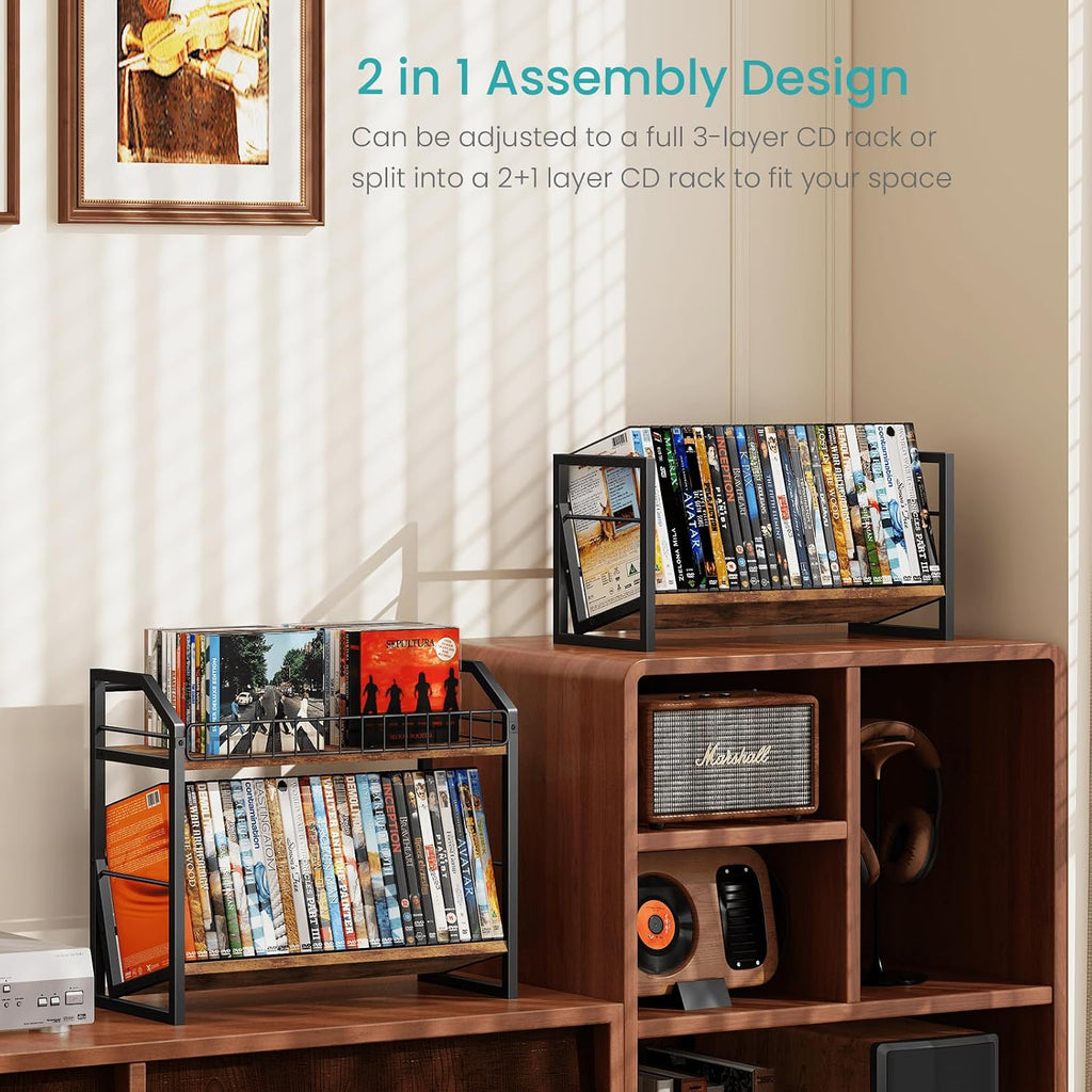 ELITEROO 3-Tier CD Storage Rack, Wood DVD Holder with 2-in-1 Assembly Design, Tilting CD Organizer Tower Holds Up to 112 CDs or 78 DVDs, Table Top DVD Display Stand for Music Enthusiasts, Rustic Brown