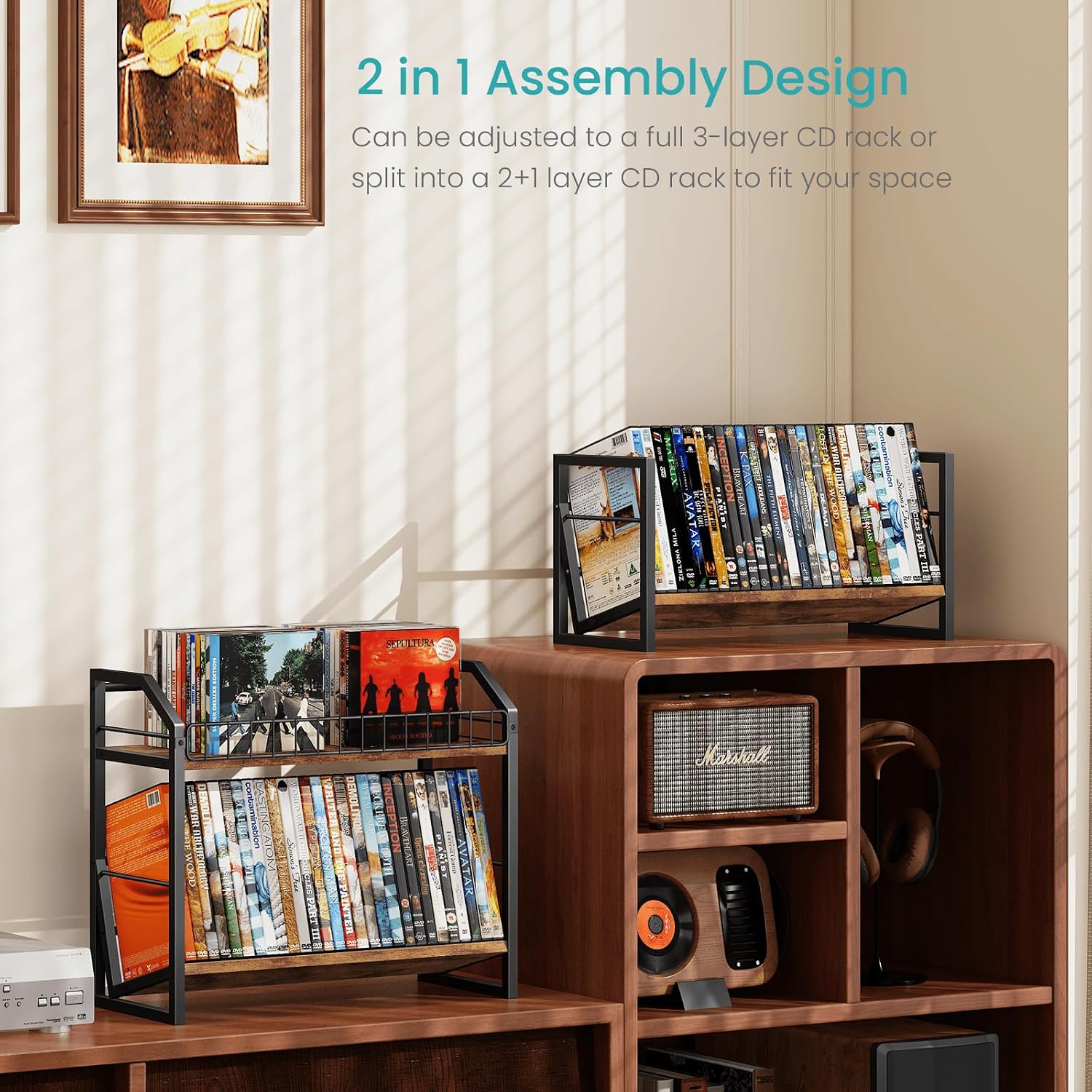 ELITEROO 3-Tier CD Storage Rack, Wood DVD Holder with 2-in-1 Assembly Design, Tilting CD Organizer Tower Holds Up to 112 CDs or 78 DVDs, Table Top DVD Display Stand for Music Enthusiasts, Rustic Brown