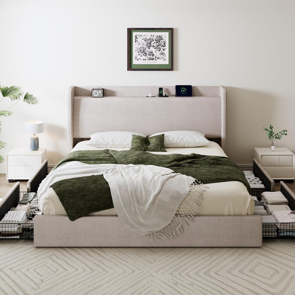 SHA CERLIN King Size Storage Bed Frame with 4 Oversized Drawers, Modern Wingb...