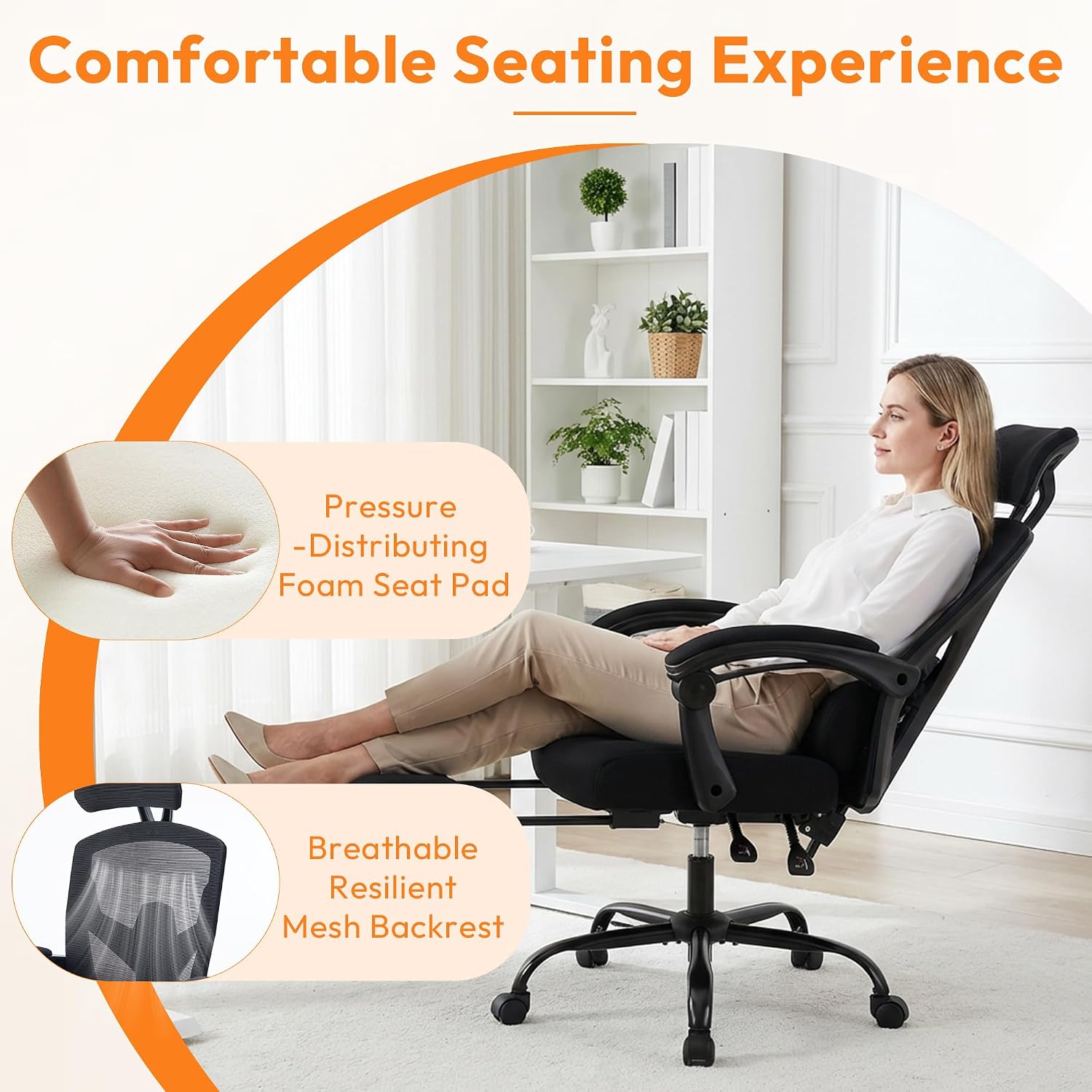 Desk Chair with Foot Rest, High-Back Mesh Office Chair with Wheels, Reclining Gaming Chair with Headrest and Adjustable Lumbar Support, 90°-130° Reclining, for Home Office and Gaming, Classic Black