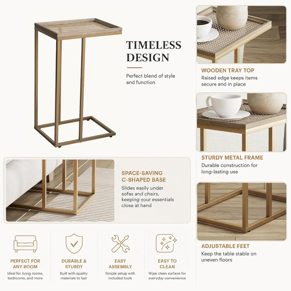Farmhouse C Shaped End Table with Distressed Wood & Metal Woven Tray Top,...