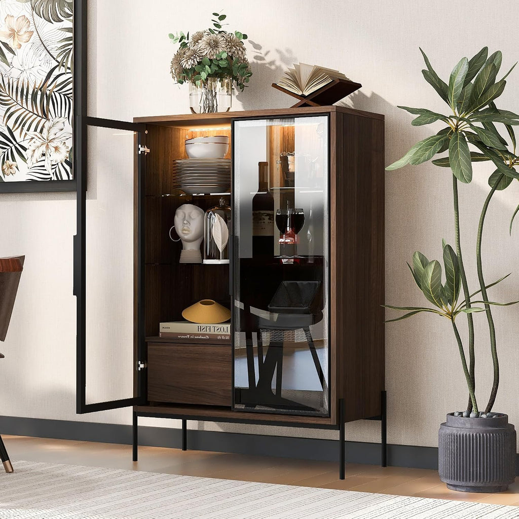 roomfitters 51.2'' Display Cabinet with Glass Doors, Pantry Storage Cabinet with Shelves for Living Room and Kitchen, Walnut