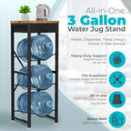 5 Gallon Water Jug Stand & Holder – 3-Tier Water Bottle Rack Organizer with Stainless Steel Stand, BPA-Free Fast-Flow Spout, Heavy-Duty Wood Top Shelf for Kitchen & Office