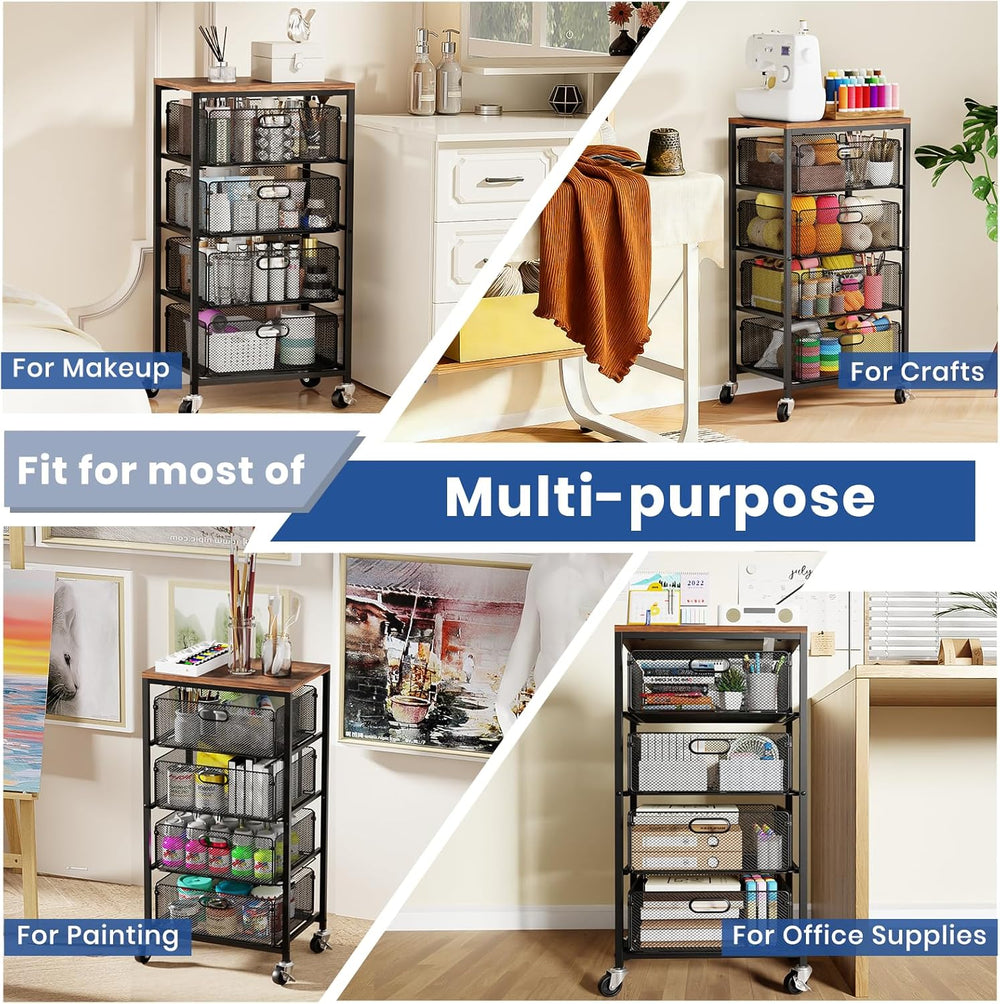 Goovilla Kitchen Cart with Drawers, 4 Tier Metal Rolling Utility Cart Organiz...