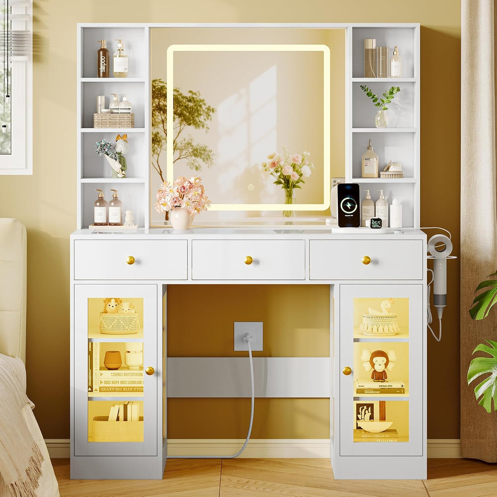 Xixini 43.4" Makeup Vanity Desk with LED Mirror, RGB Glass Cabinets, White