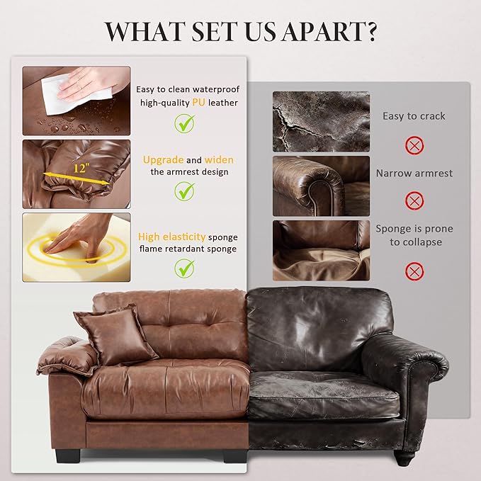 Faux Leather Sofa, Mid Century Modern Deep Loveseats, Comfy Cloud Couch, Tufted Pillow Top Arm Furniture for Living Room, Apartment, Cognac Brown