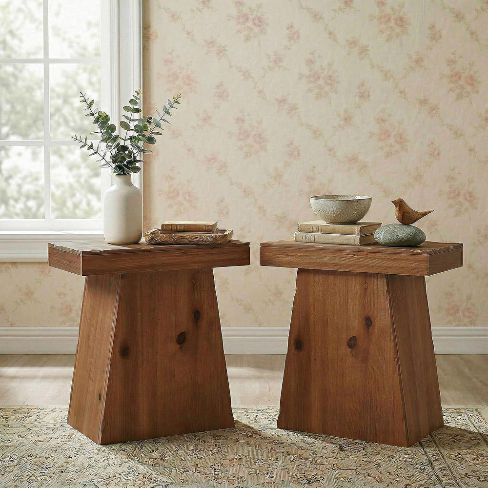 Solid End Table, 23.6" Wood Side Table with Trapezoid Base for Small Spa...