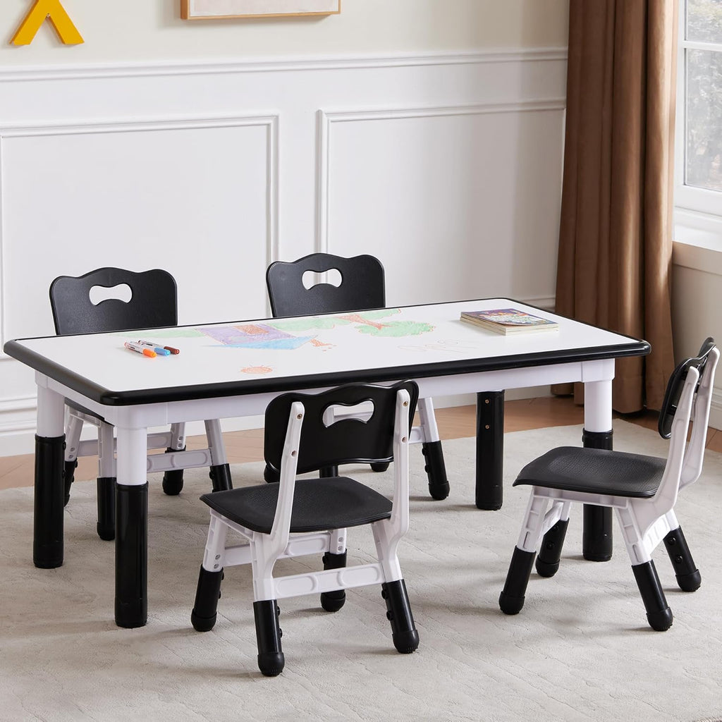 Kids Table and 4 Chairs Set, Height Adjustable Toddler Table and Chair Set, Toddler Desk with Graffiti Desktop & Non-Slip Legs, Children Activity Table for Daycare, Classroom (Black)