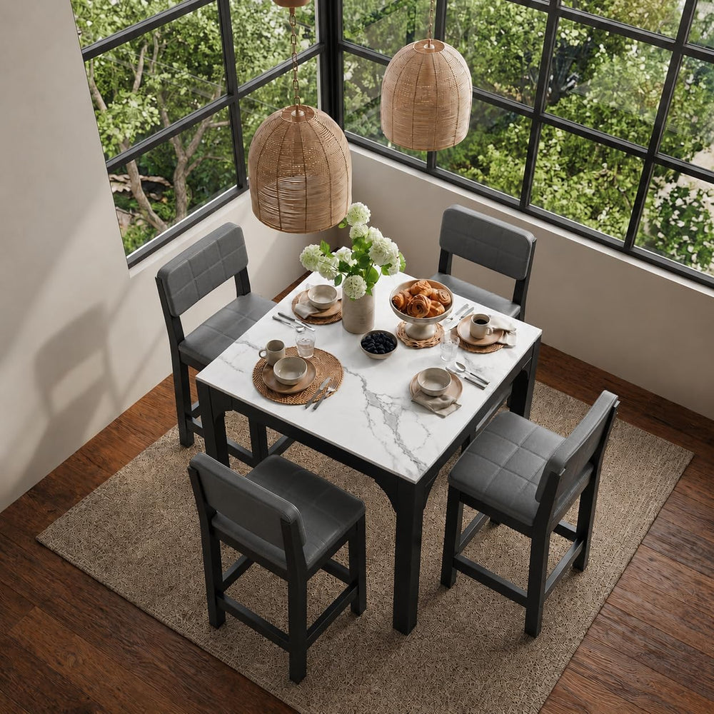 XIAO WEI 5-Piece Counter Height Dining Table Set for 4, Marble-Look, Grey