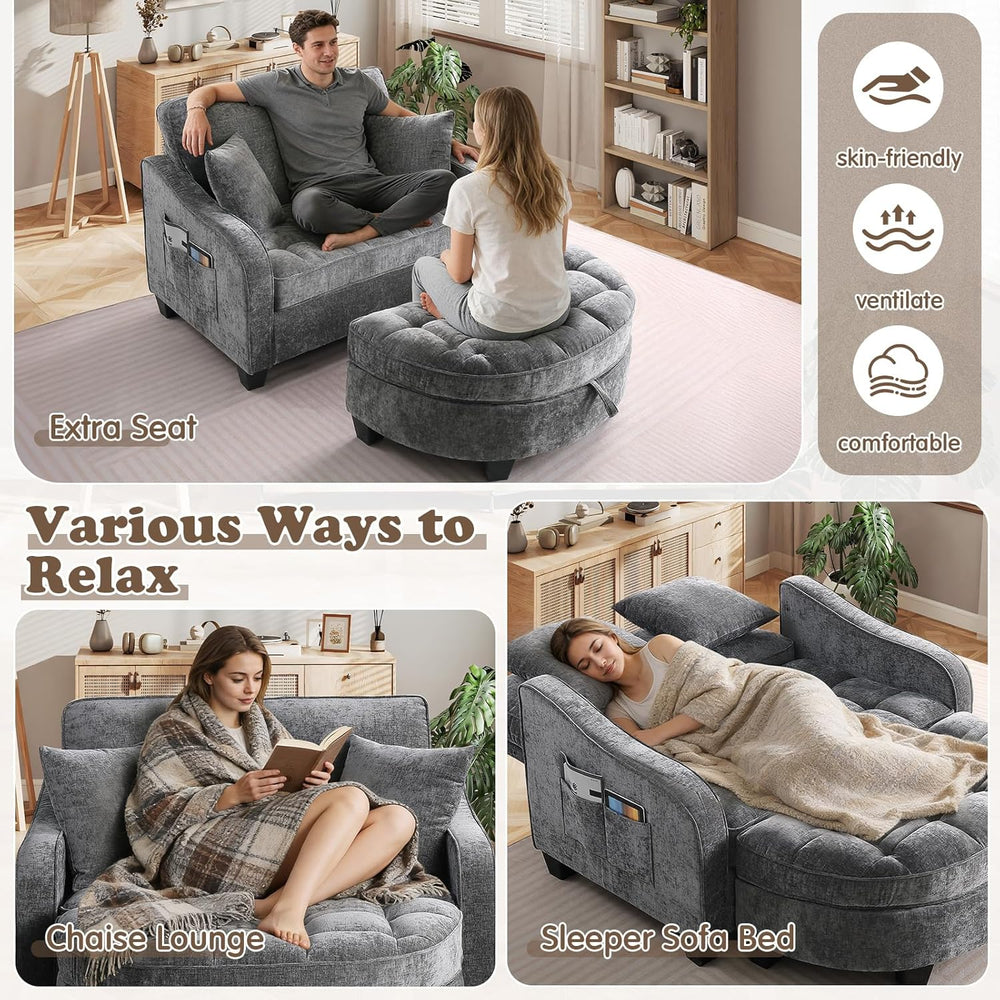 Oversized Chaise Lounge Chair Indoor with Ottoman, Chenille Tufted Comfy Love...