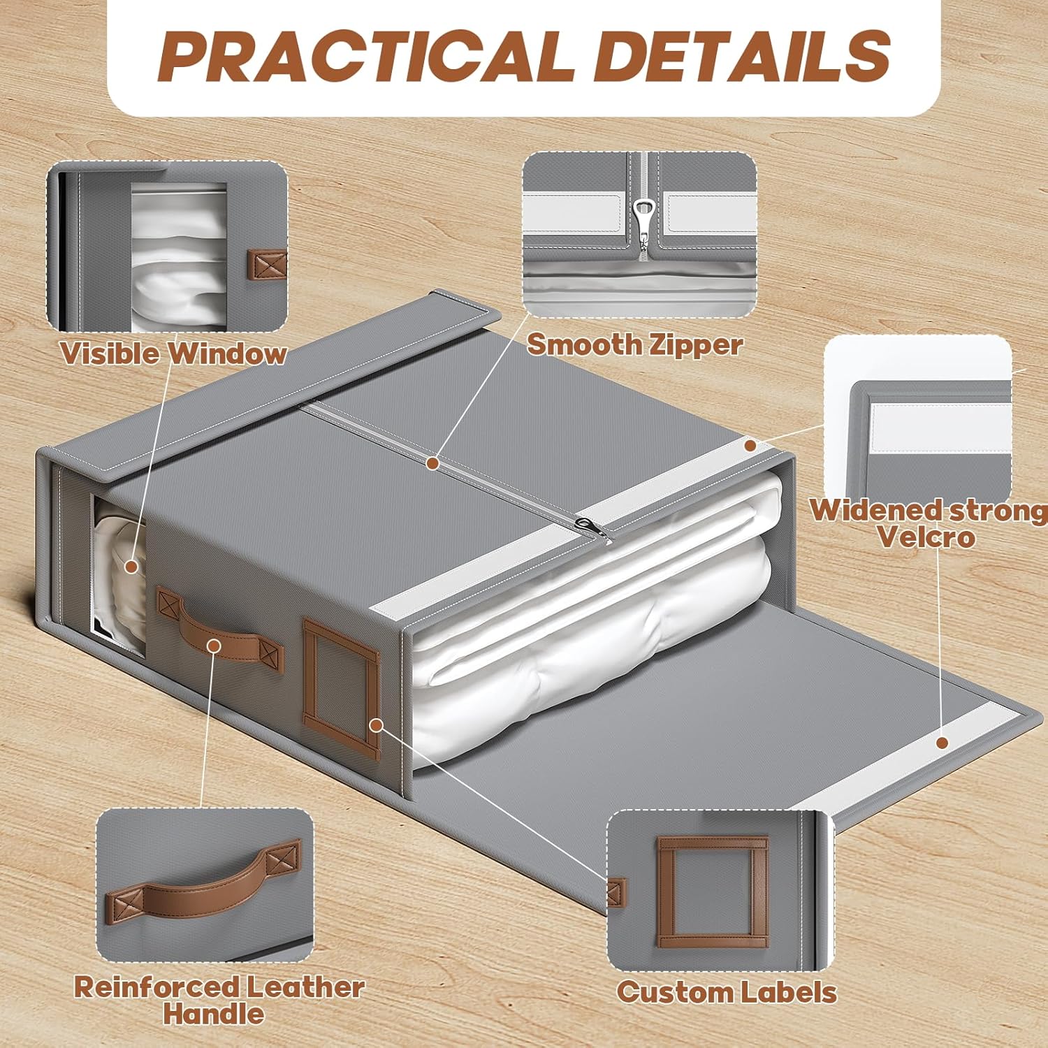 BigPonpPon 8 Pack Bed Sheet Organizers And Storage(Cal King Size) With Leather Handles,Foldable Linen Closet Organizer With Clear Window,Bedding Storage Box For Blanket,Sheets,Duvet Cover-Gray