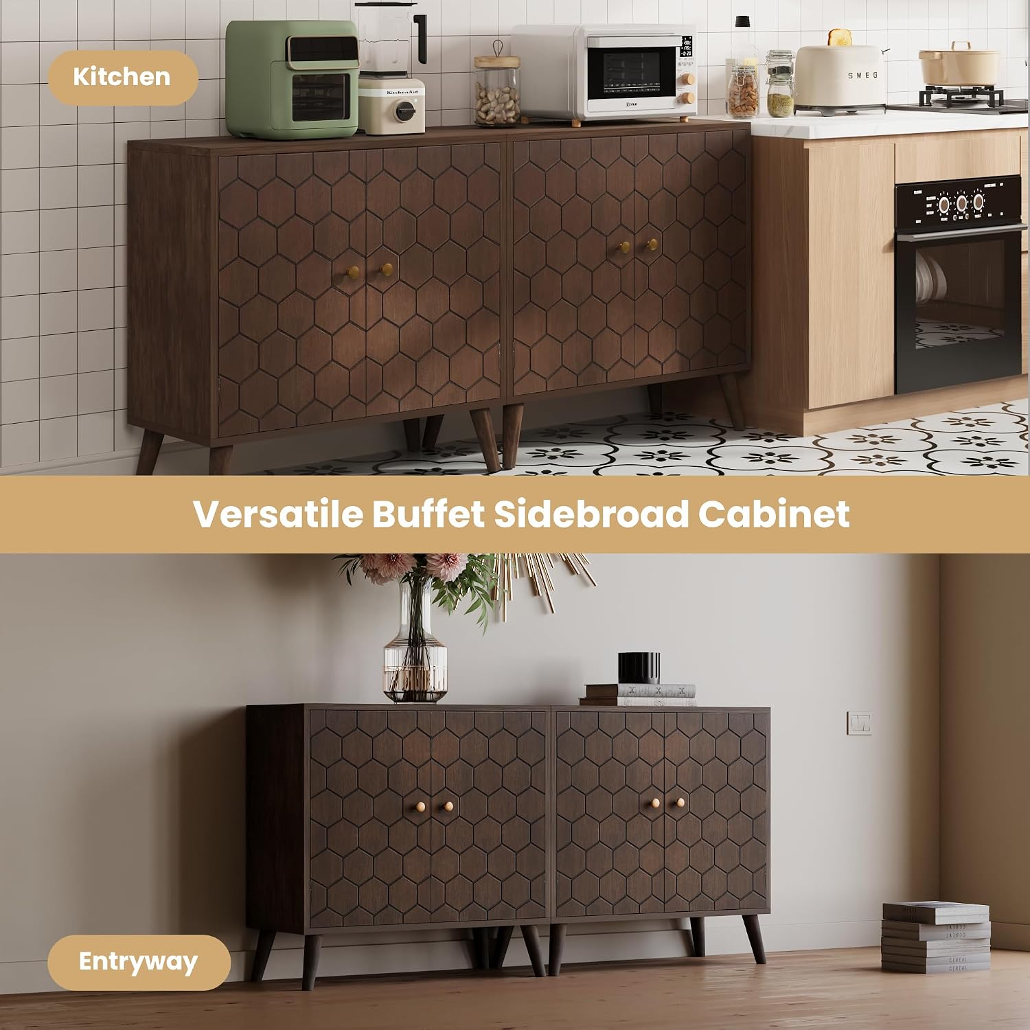 HOMPUS 3 Pieces Sideboard Buffet Cabinet, 32" Accent Cabinet with Doors & Shelves, Storage Cabinet with Honeycomb Pattern Doors, Modern Console Table for Kitchen, Living Room, Easy Assemble,Walnut
