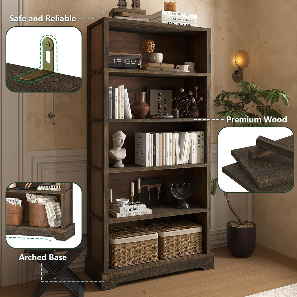 TVU 5 Tiers Wooden Bookshelf, 65.2" Tall Farmhouse Style Open Bookcase, ...