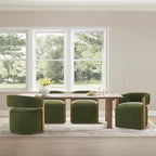 Upholstered Dining Chair Set of 1, Barrel Modern Dining Room Chair with Casters, Kitchen Side Wooden Armchair with Fabric Cushion Seat for Bedroom, Livingroom, Reading Room, Green, 1 Box