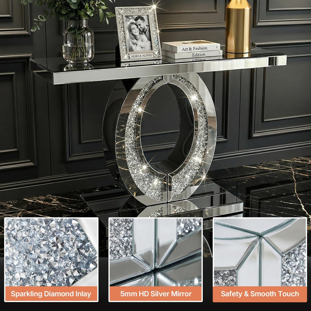39‘’ Modern Mirrored Console Table with Crushed Diamond, Shatter-Proof Packag...