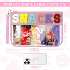 Snack Bag for Travel & Makeup - Clear Chenille Letter Zipper Pouch, Waterproof Cosmetic Tote Bag for Women & Girls (Pink)